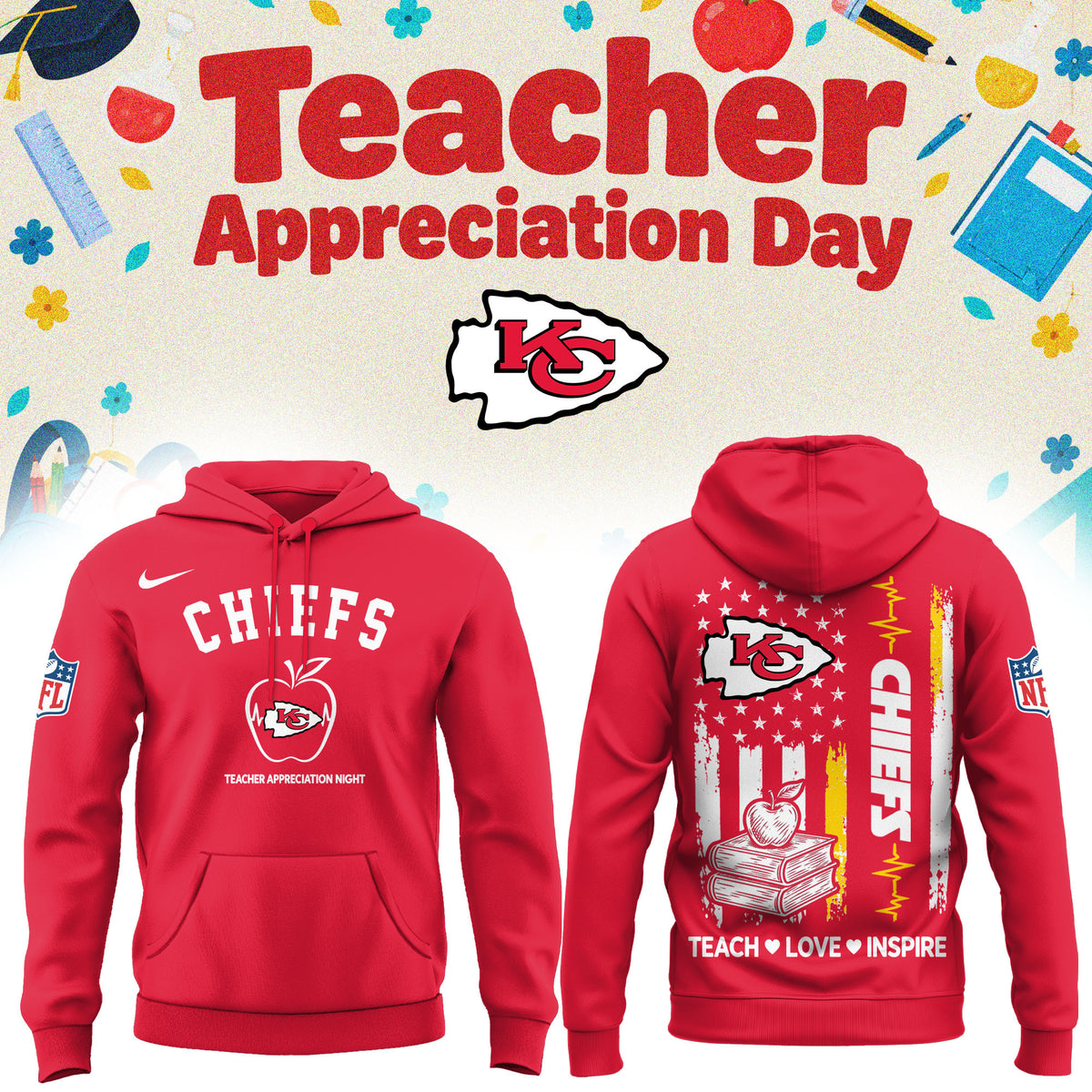 Kansas City Chiefs Merch NFL 2026 X Teacher Appreciation Day Hoodie Presents For Chiefs Kingdom - Foxy23shop