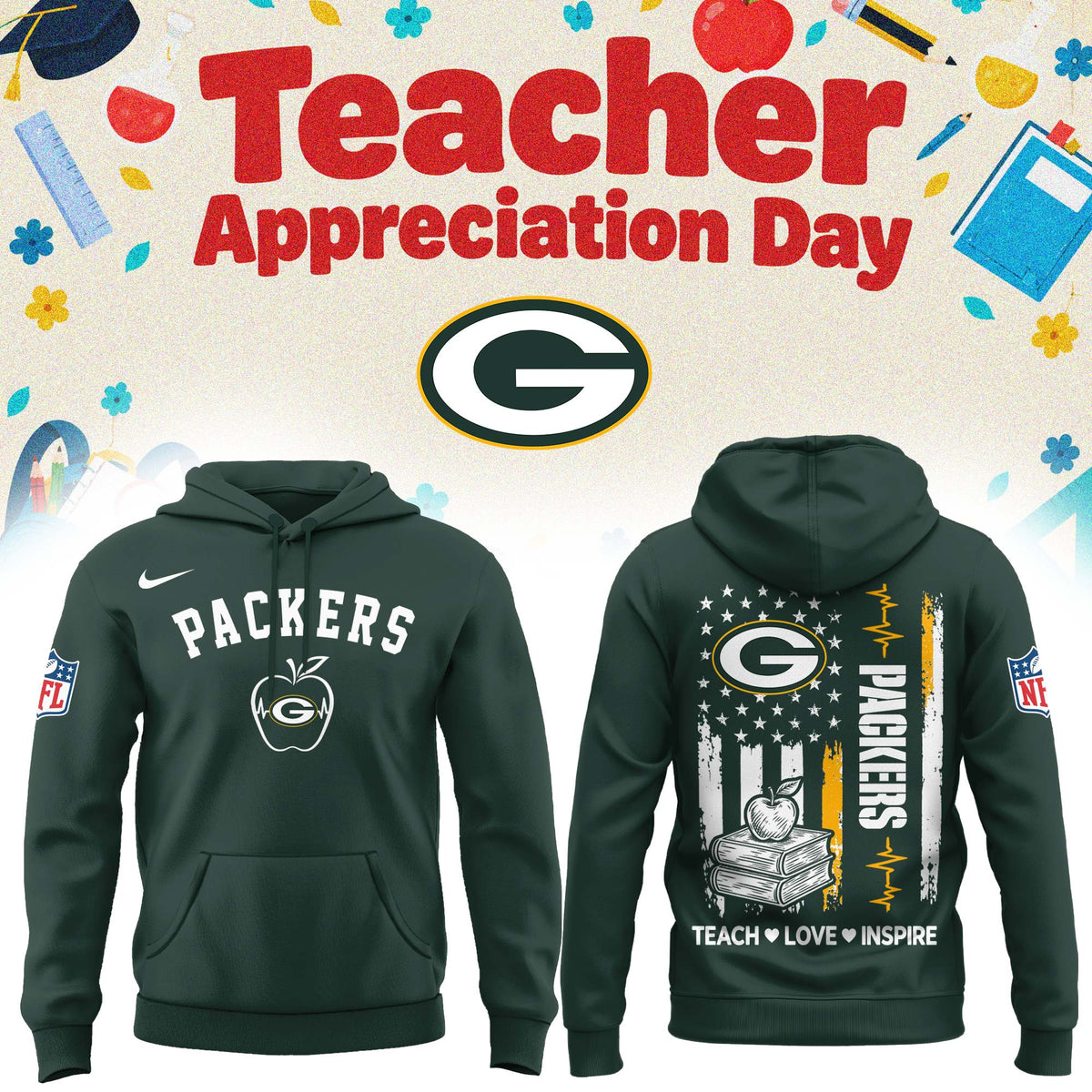 Green Bay Packers Merch NFL 2026 X Teacher Appreciation Day Hoodie Gifts For Packers Fans - Foxy23shop