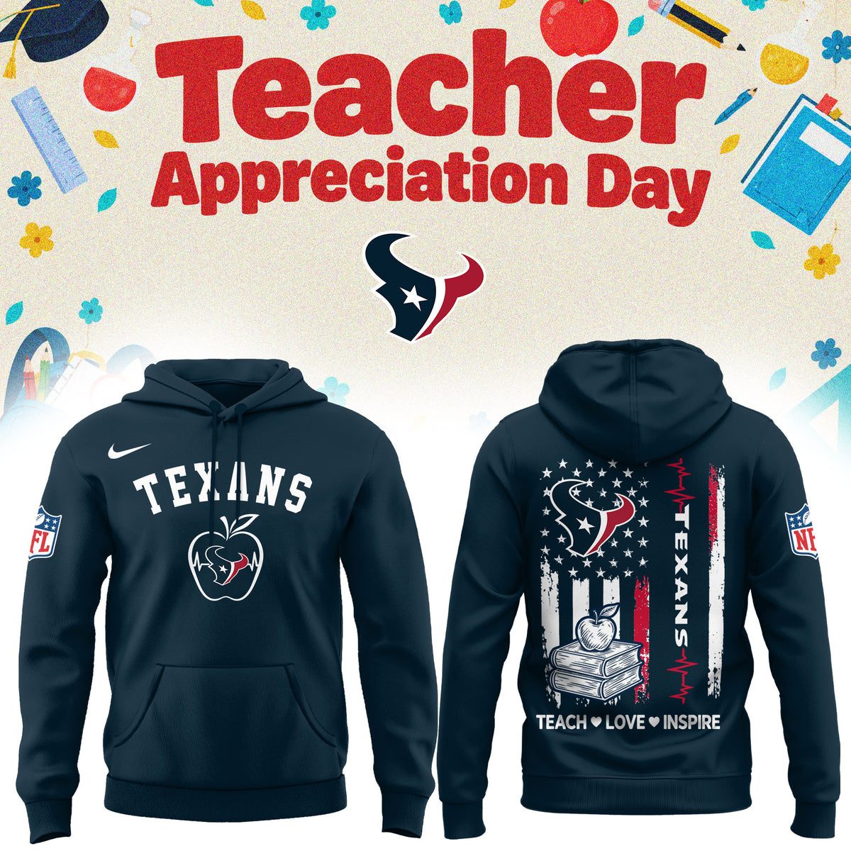 Houston Texans Merch NFL 2026 X Teacher Appreciation Day Hoodie 2026 NFL Game Day Outfits - Foxy23shop