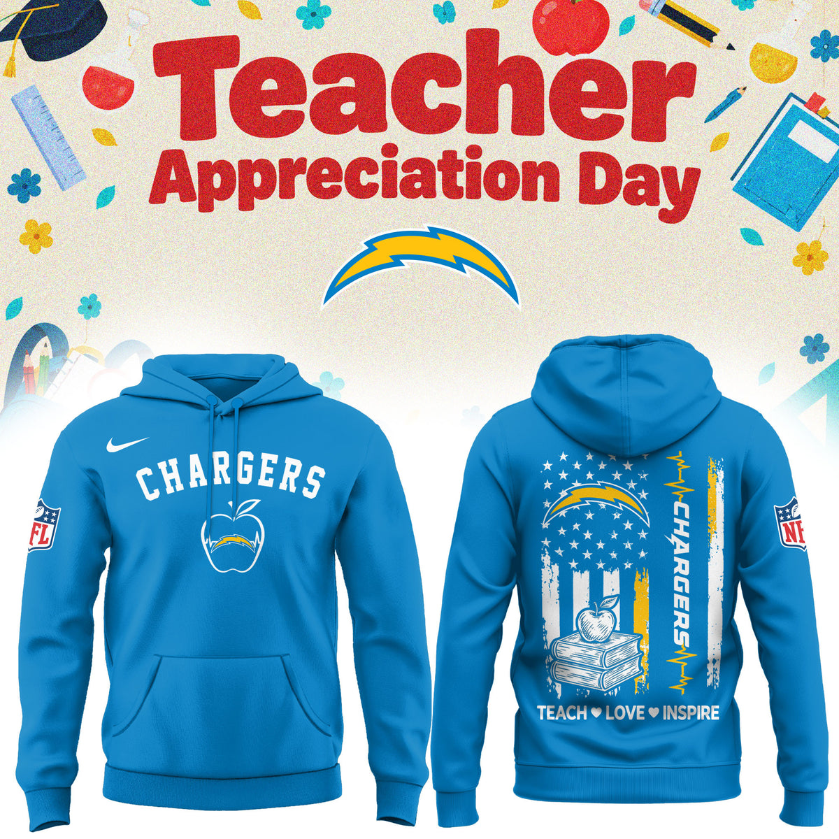 Los Angeles Chargers Merch NFL 2026 X Teacher Appreciation Day Hoodie Football Lover Gifts - Foxy23shop