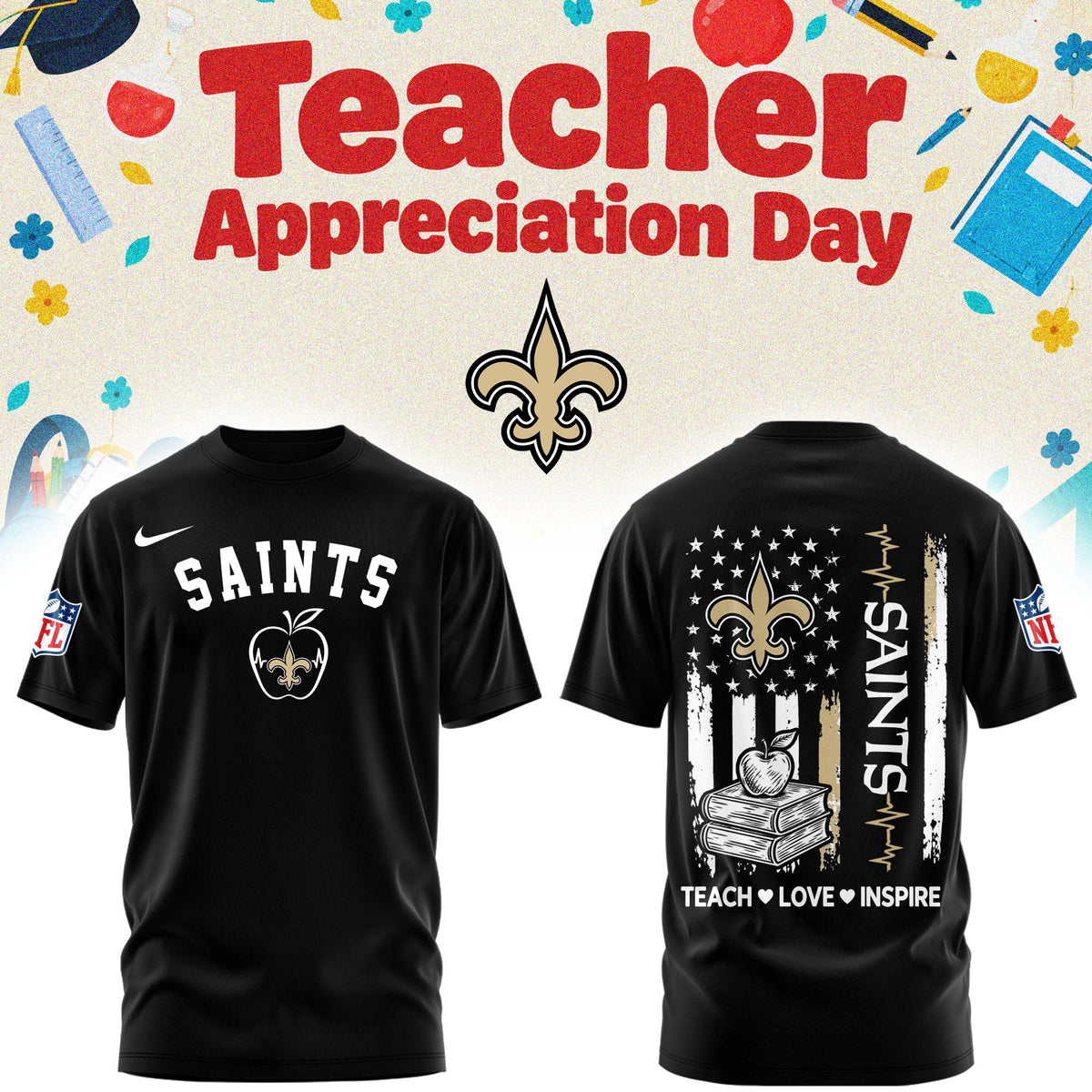 New Orleans Saints Merch NFL 2026 X Teacher Appreciation Day T-Shirt Gifts For Football Lovers - Foxy23shop