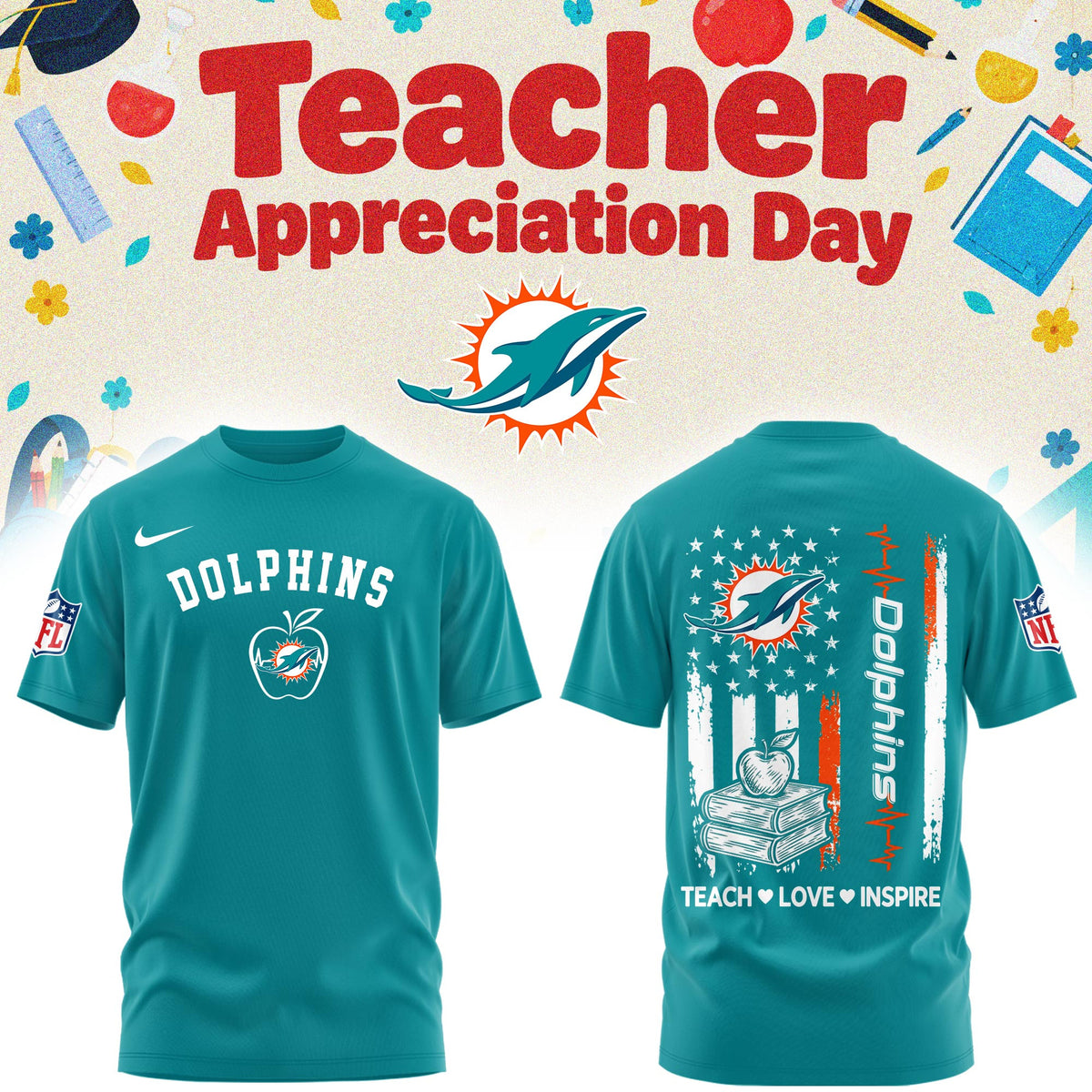 Miami Dolphins Merch NFL 2026 X Teacher Appreciation Day T-Shirt Best Gifts For Fans - Foxy23shop