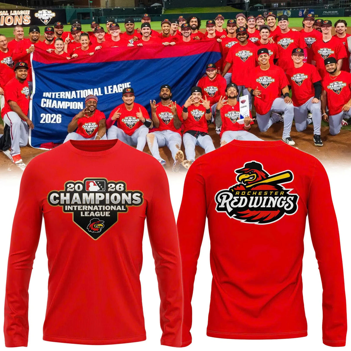 Rochester Red Wings Merch 2026 International League Champions Red Long Sleeve Shirt Fan Gear - Foxy23shop