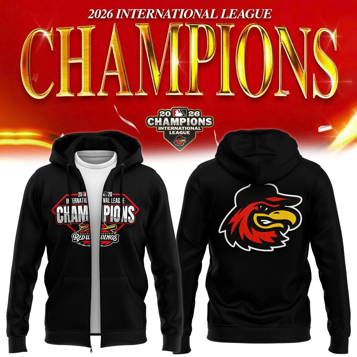 Rochester Red Wings 2026 International League Champions Black Zip Hoodie Unique Fan Gift - Foxy23shop