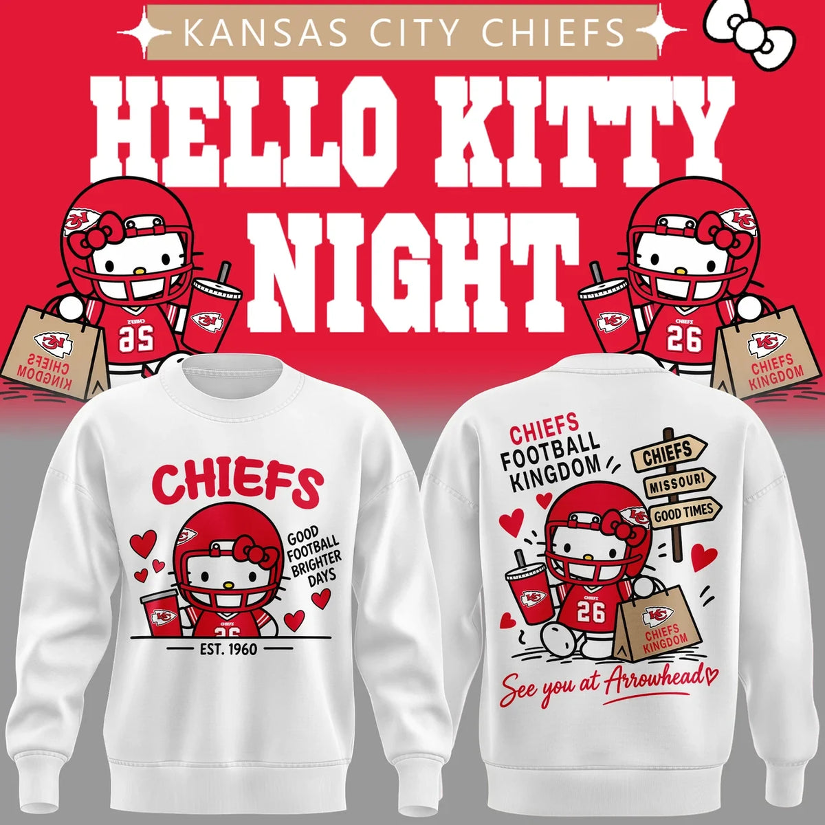 Kansas City Chiefs X Hello Kitty Sweat 2026 Sweatshirt Kansas City Chiefs Merch Fan Gear - Foxy23shop