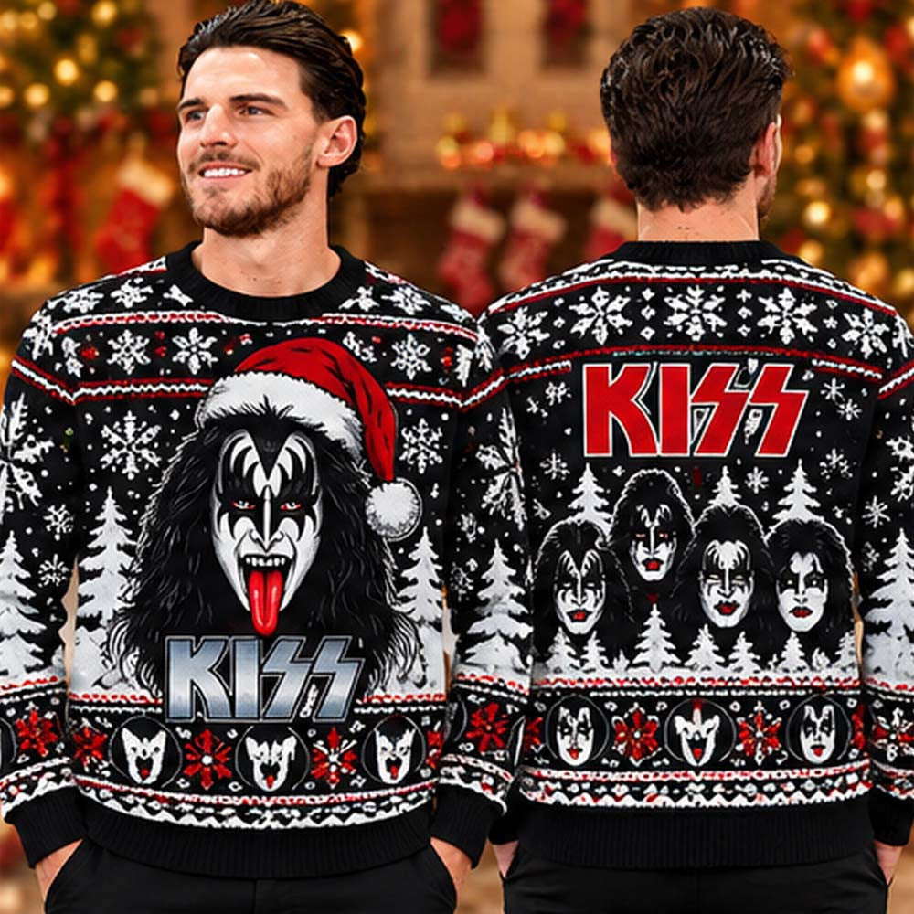 Kiss Band Santa Face Black Ugly Christmas Sweater Xmas Clothing Gifts For Kiss Lovers - Foxy23shop