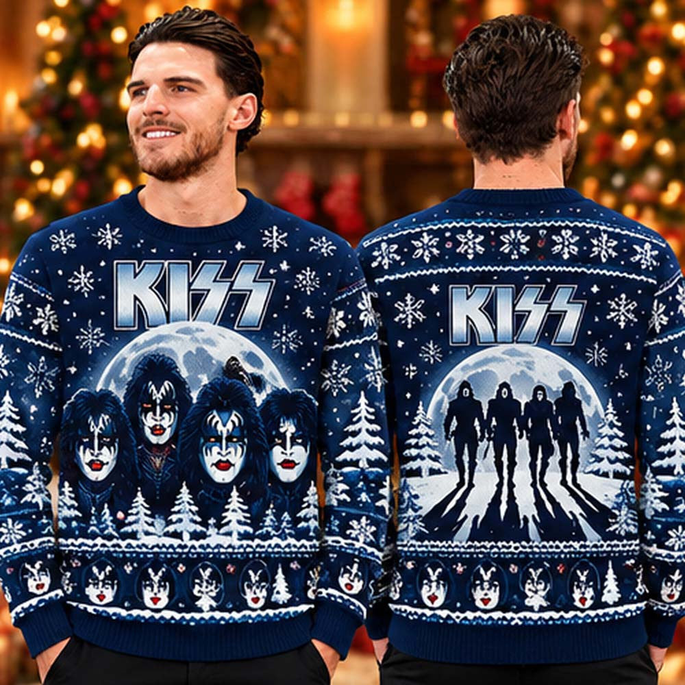 Kiss Band Winter Blue Moon Ugly Christmas Sweater Kiss Merch Rock Lover Presents - Foxy23shop