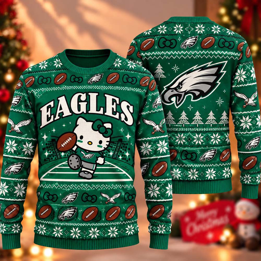Philadelphia Eagles Hello Kitty 2026 Christmas Ugly Sweater Philadelphia Eagles Christmas Apparel - Foxy23shop