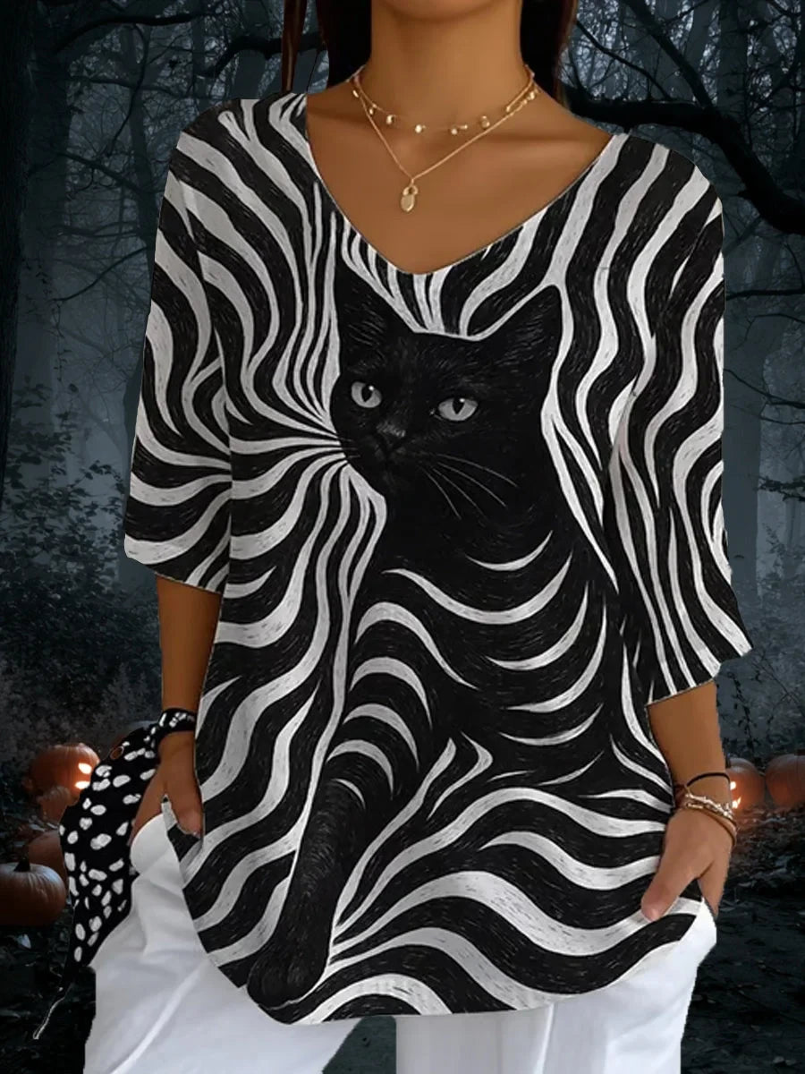 Black Cat Stripes V-Neck Long Sleeve Shirt Funny Halloween Costume Gifts For Cat Owners - Foxy23shop