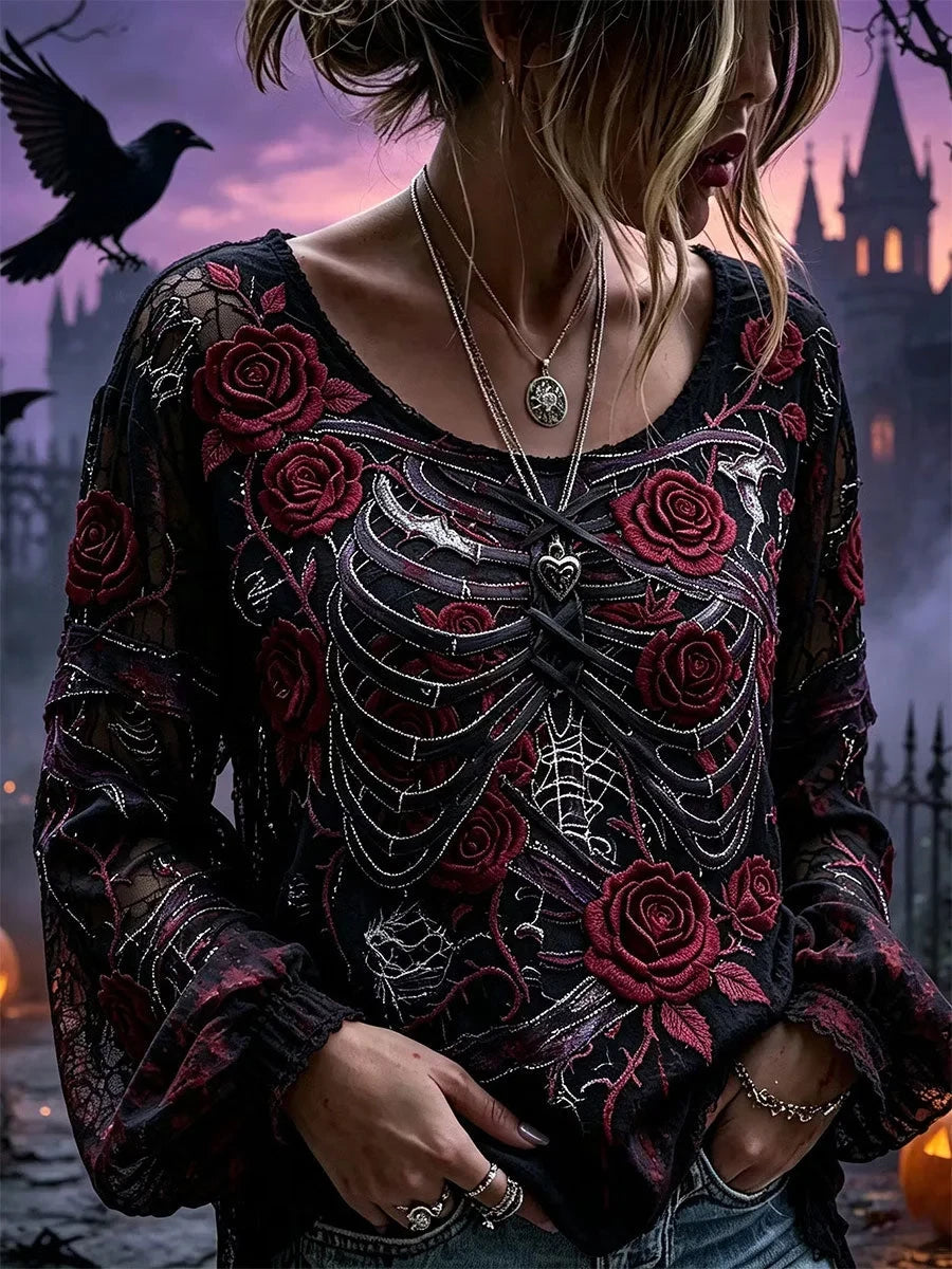 Gothic Skull Rose Floral Long Sleeve Shirt Scary Halloween Costume Halloween Gifts - Foxy23shop