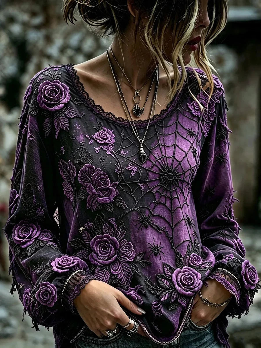 Gothic Spider Web Rose Floral Long Sleeve Shirt Halloween Merch Gifts For Wife - Foxy23shop
