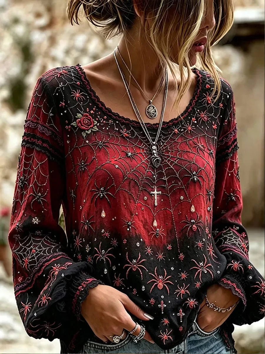 Gothic Style Floral Spider Web Graphic Long Sleeve Shirt Halloween Merch Gifts For Wife - Foxy23shop