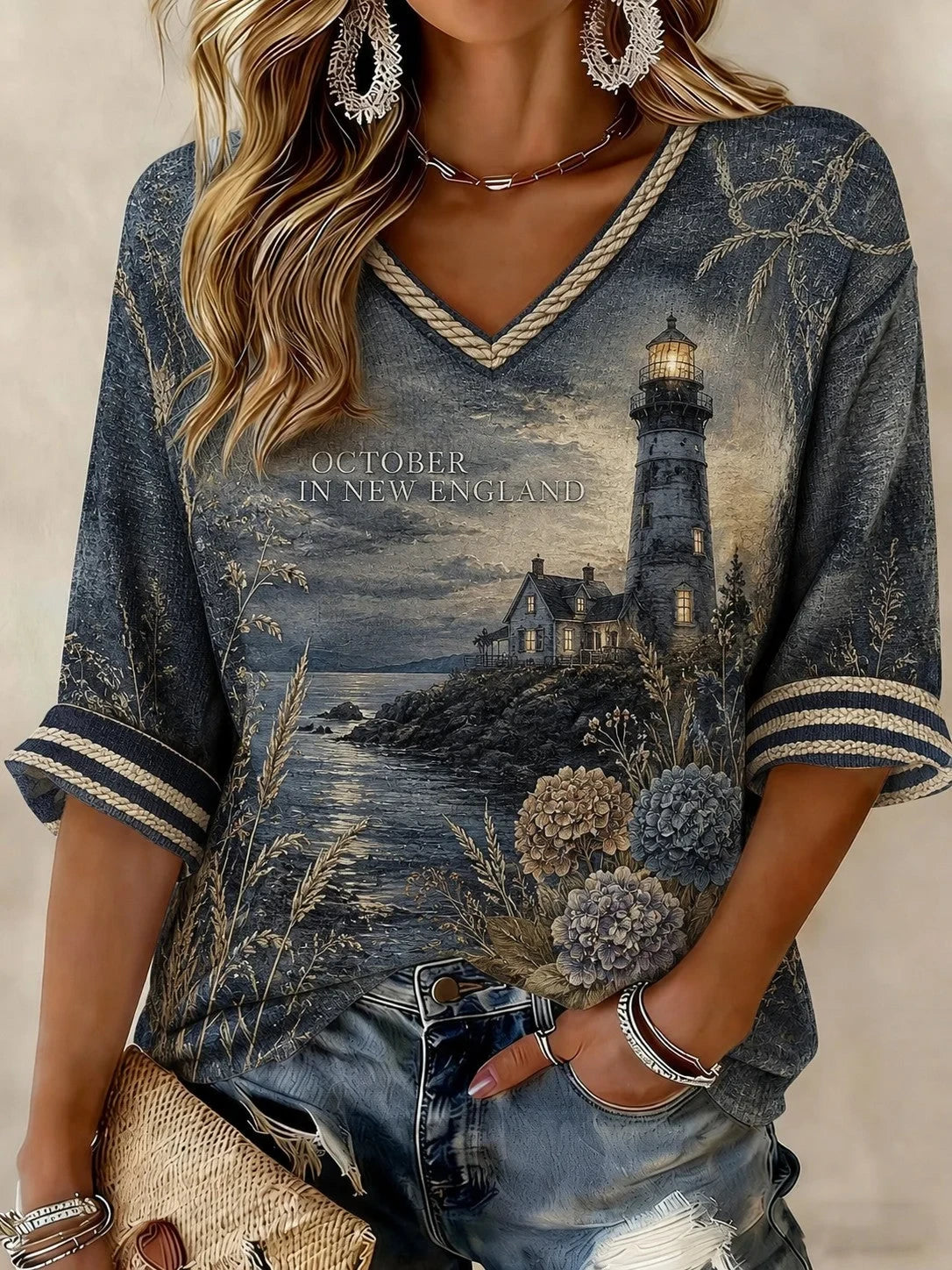 October In New England Floral Halloween V-Neck Long Sleeve Shirt Halloween Merch - Foxy23shop