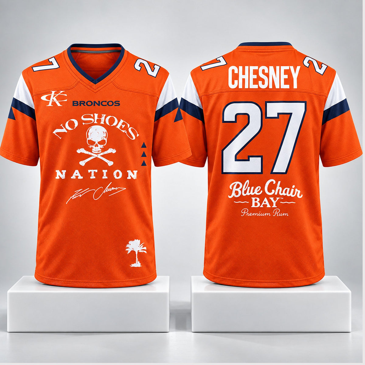 Denver Broncos x Kenny Chesney Merch No Shoes Nation Blue Chair Bay 2027 Jersey Kenny Chesney Fan Gift - Foxy23shop