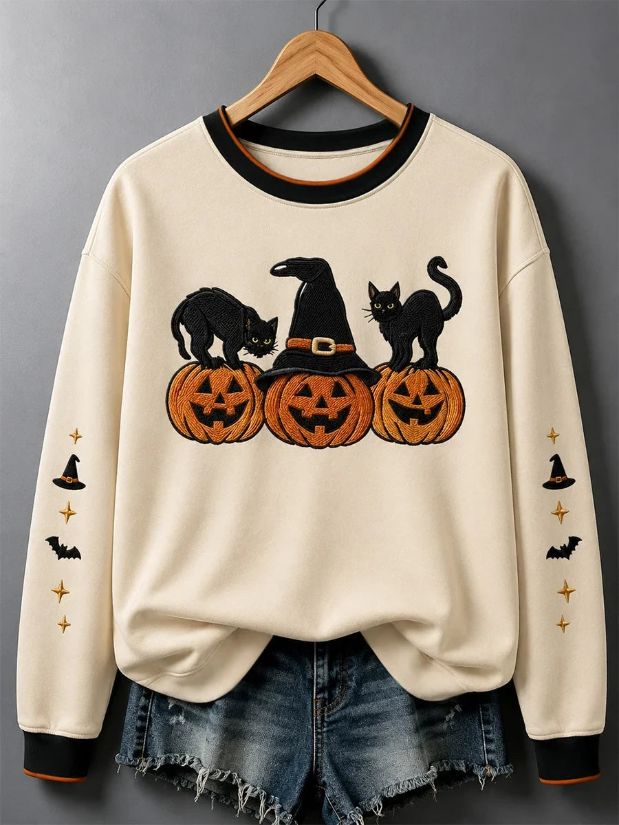 Halloween Black Cat Pumpkin Sweatshirt Trick R Treat Merch Gifts For Cat Lovers - Foxy23shop