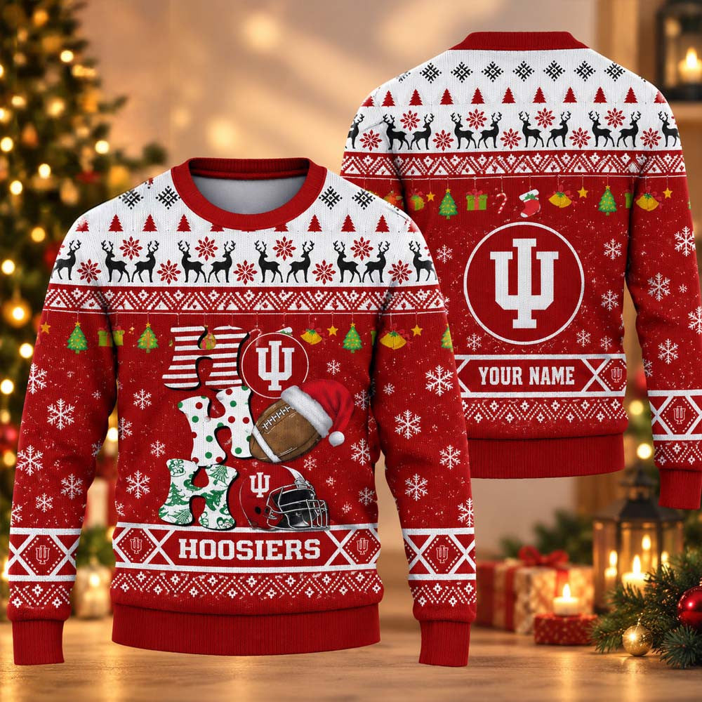 Custom NCAA Indiana Hoosiers HO HO HO Ugly Christmas Sweater Indiana Hoosiers Clothing Fan Gear - Foxy23shop