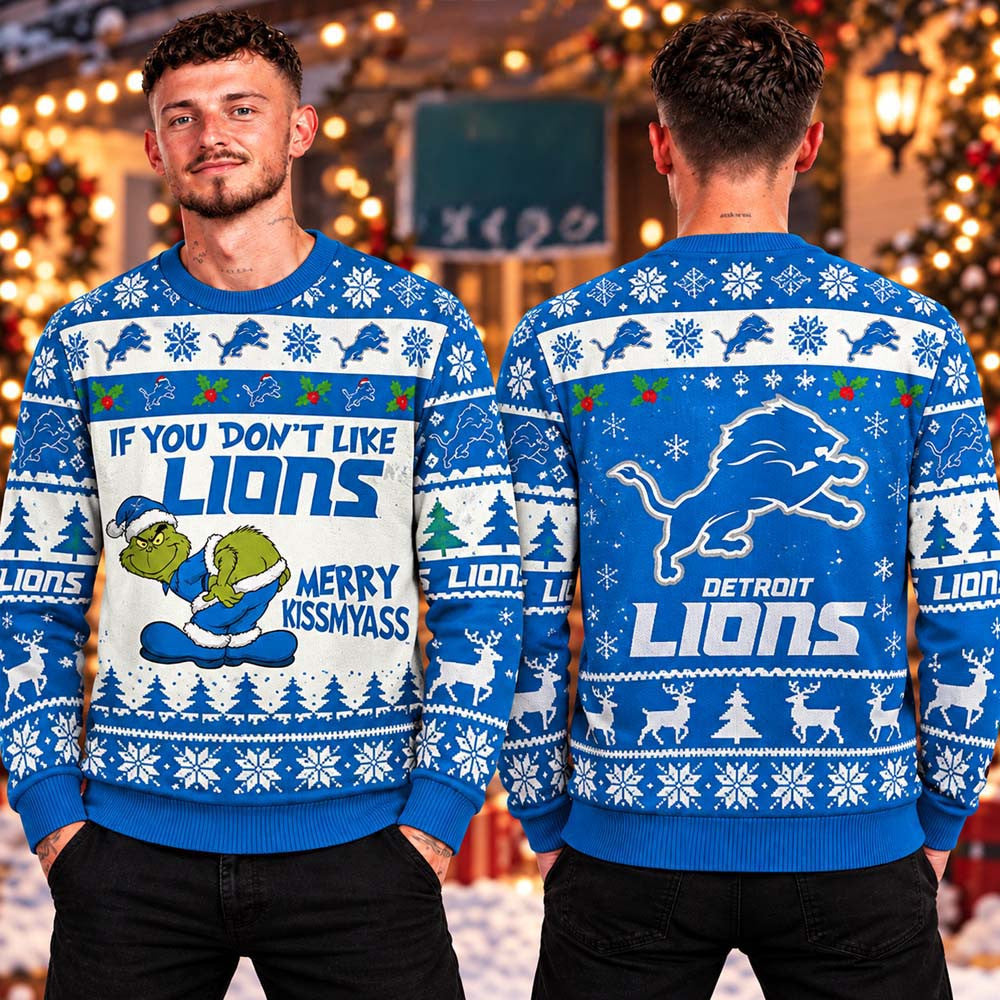 Detroit Lions NFL Grinch Merry Kissmyass Ugly Christmas Sweater Xmas Presents For One Pride - Foxy23shop