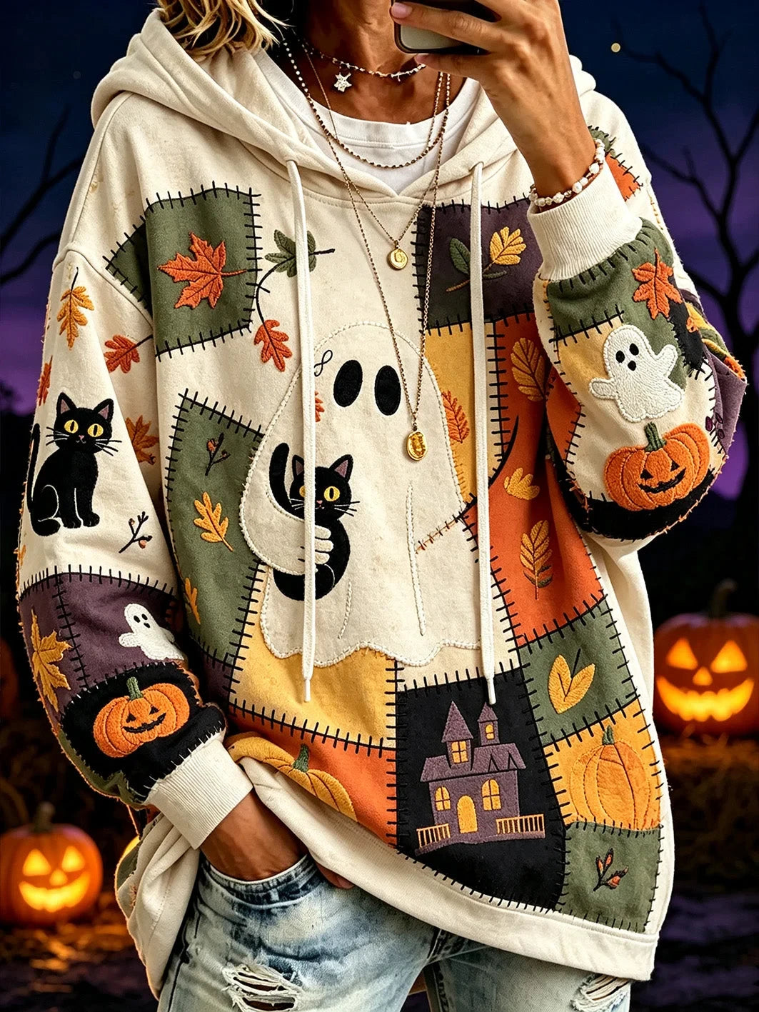 Black Cat And Ghost Cozy Autumn Design Hoodie Halloween Merch Gifts For Wife - Foxy23shop