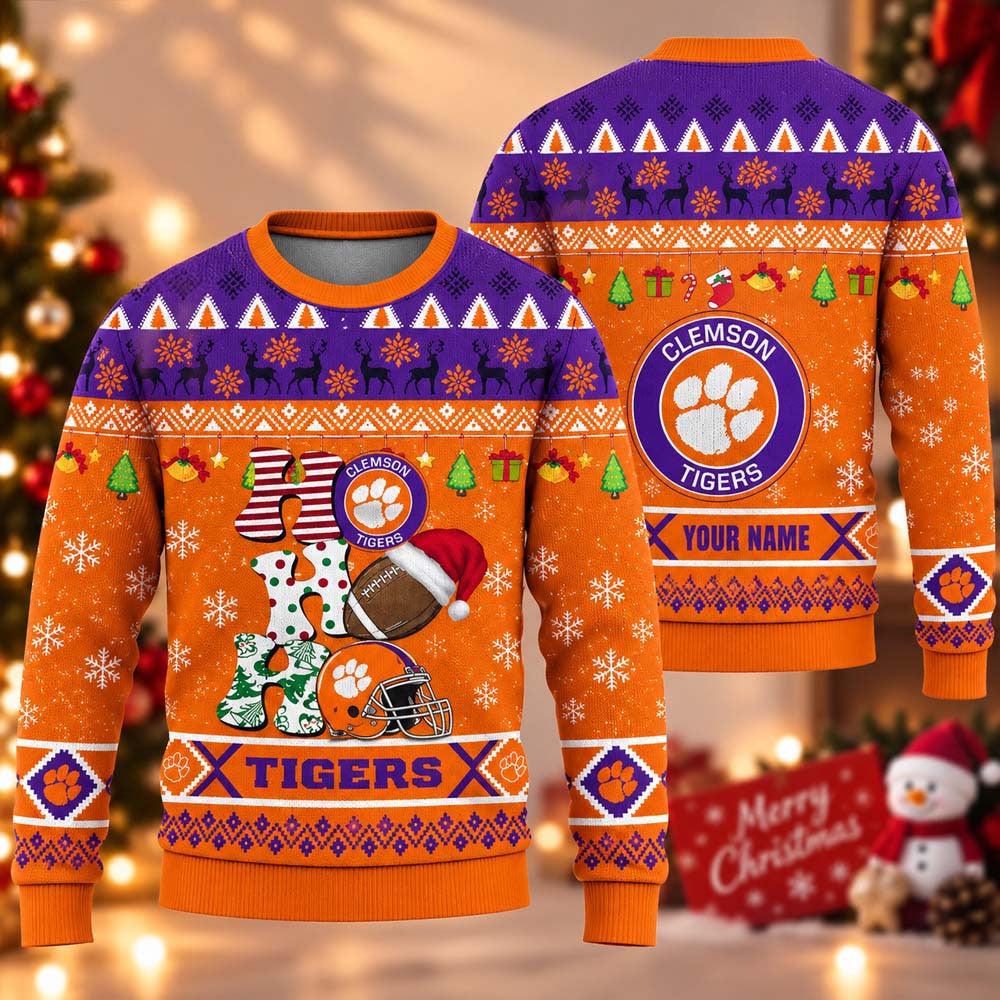 Personalized NCAA Clemson Tigers HO HO HO Ugly Christmas Sweater Xmas Gifts For Clemson Tigers Fans - Foxy23shop