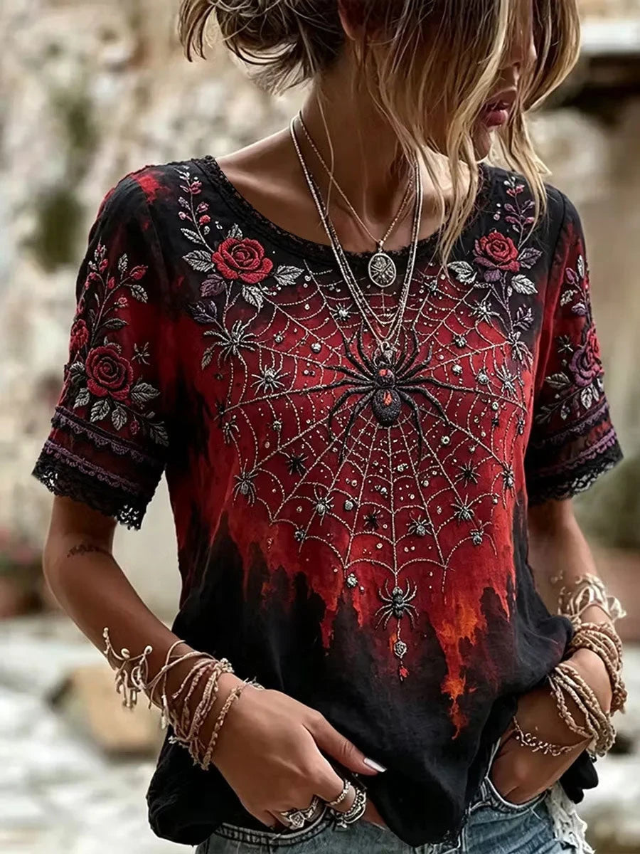Spider Web Gothic Style Floral T-Shirt Haunted Halloween Clothing Gifts For Sister - Foxy23shop