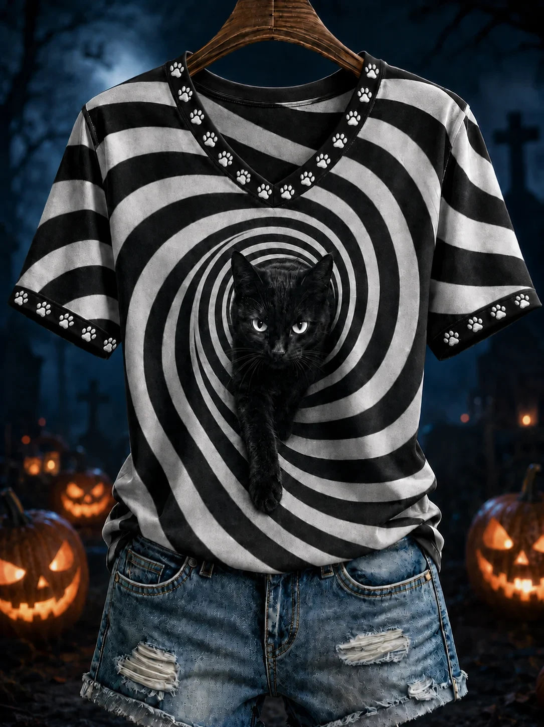 Black Cat Stripes Halloween V-Neck Shirt Cat Halloween Clothing Gifts For Mother - Foxy23shop