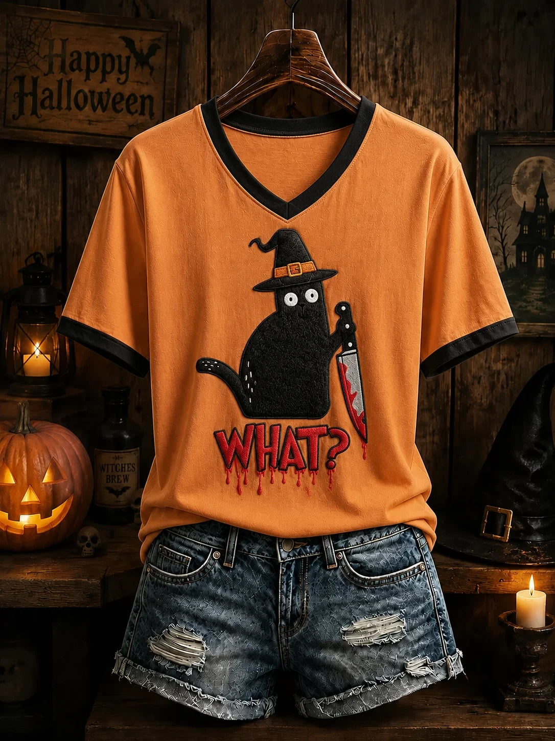 Halloween Black Cat What V-Neck Shirt Funny Halloween Clothing Cat Lover Gifts - Foxy23shop