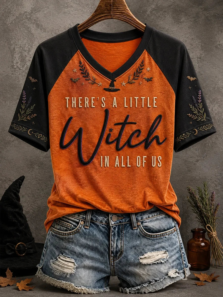 Halloween Theres A Little Witch In All Of Us V-Neck Shirt Trick R Treat Merchandise Gifts For Her - Foxy23shop