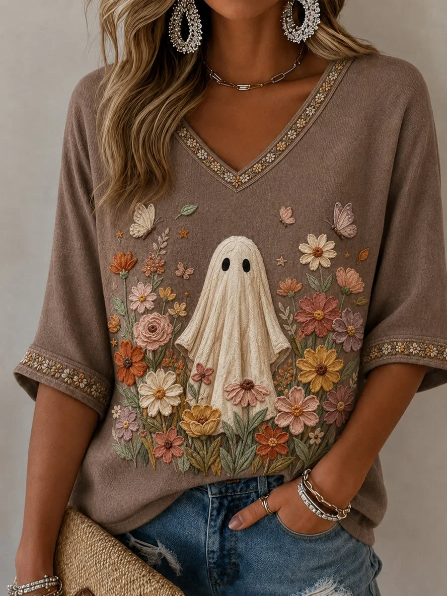 Halloween Wildflowers Ghost V-Neck Shirt Funny Halloween Costume Presents For Her - Foxy23shop