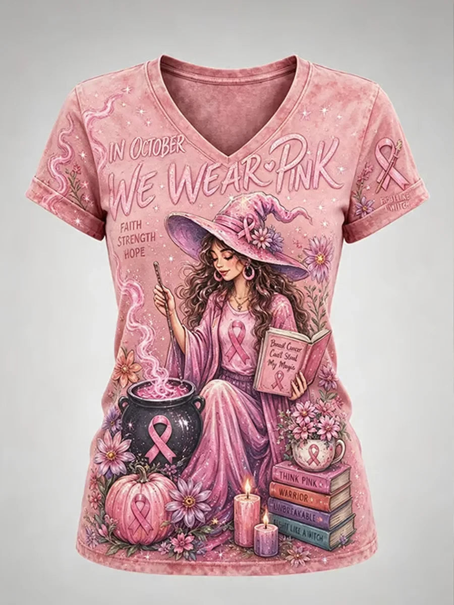 Witch Breast Cancer Halloween V-Neck Shirt Trick R Treat Merchandise Gifts For Sister - Foxy23shop
