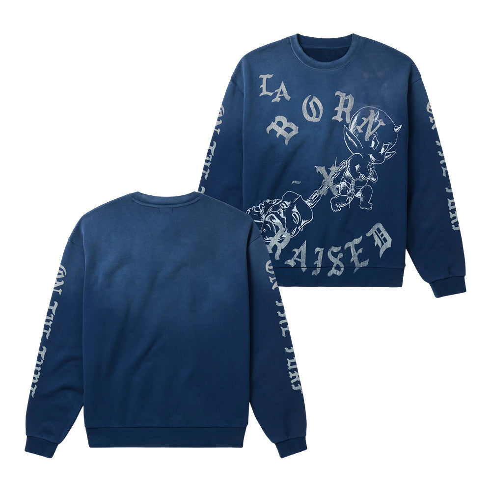 Born x Raised Merch Lil Devil Rocker Crewneck Vintage Blue Sweatshirt Unique Gifts For Music Lovers - Foxy23shop