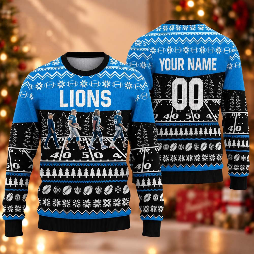 Custom Detroit Lions Walking Abbey Road Ugly Christmas Sweater Xmas Gifts For One Pride - Foxy23shop