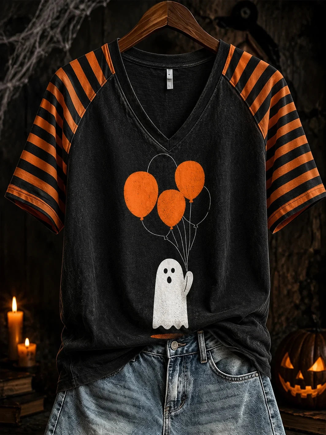 Ghost Halloween Themed Pattern Design V-Neck Shirt Funny Halloween Clothing - Foxy23shop