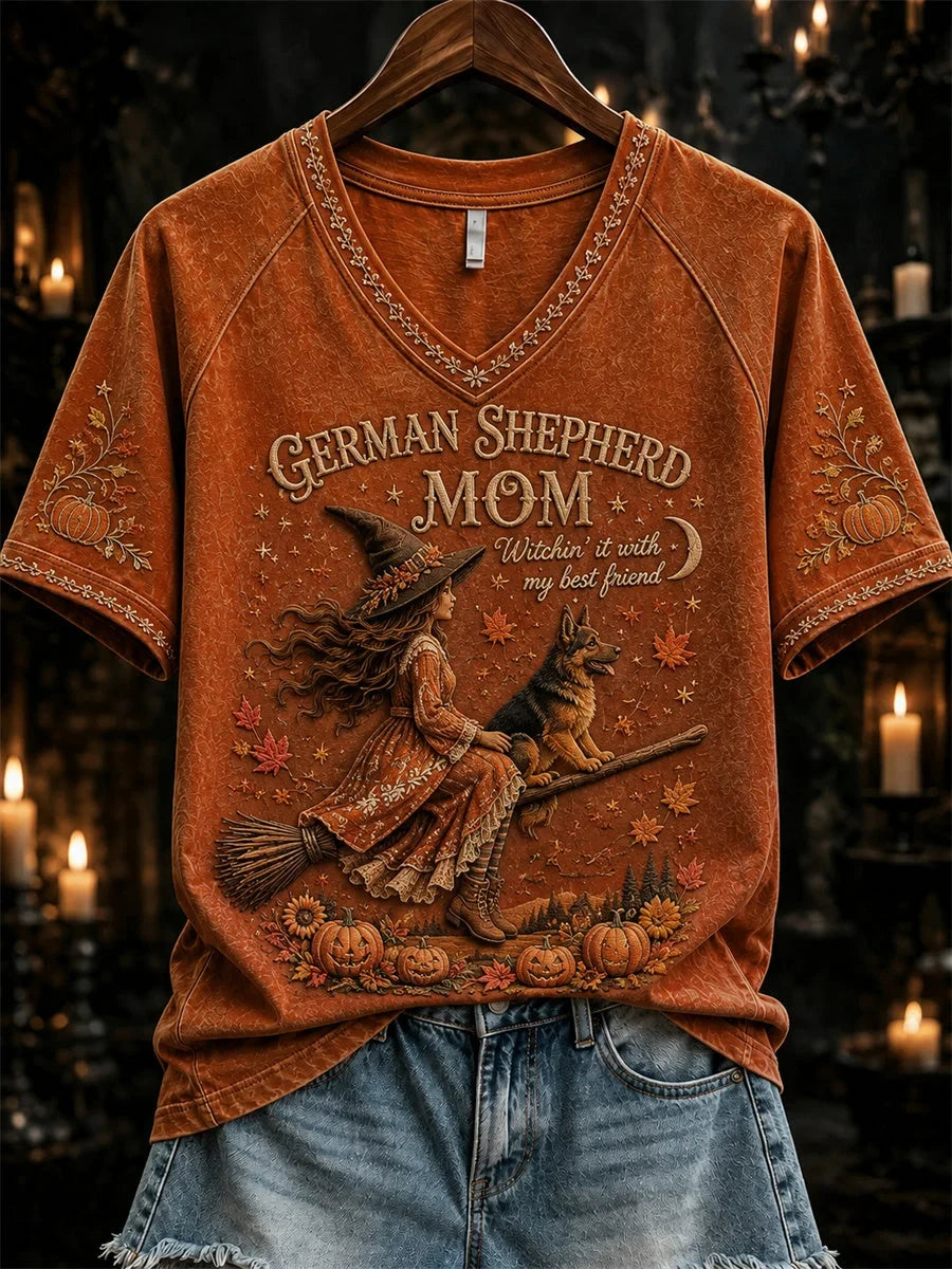 Halloween Fall German Shepherd Mom Witch And Dog V-Neck Shirt Halloween Merch Gift For Besties - Foxy23shop