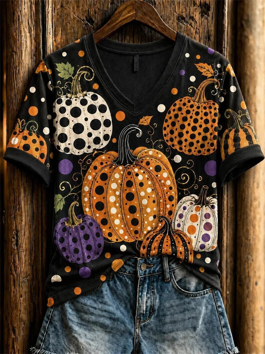 Halloween Pumpkin Spice Art V-Neck Shirt Halloween Merch Presents For Wife - Foxy23shop