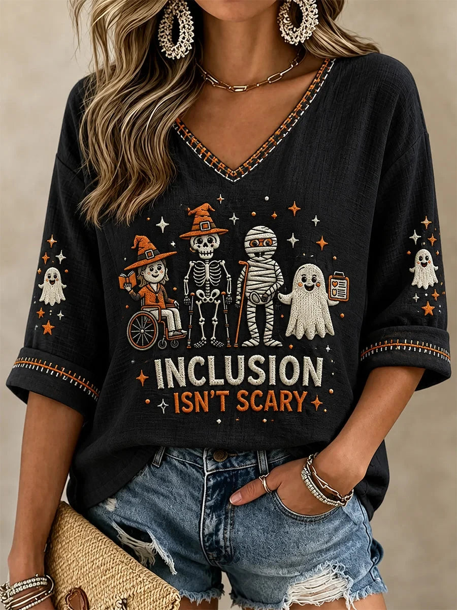 Inclusion Isn't Scary Ghost Graphic Halloween V-Neck Long Sleeve Shirt Spooky Season Apparel - Foxy23shop