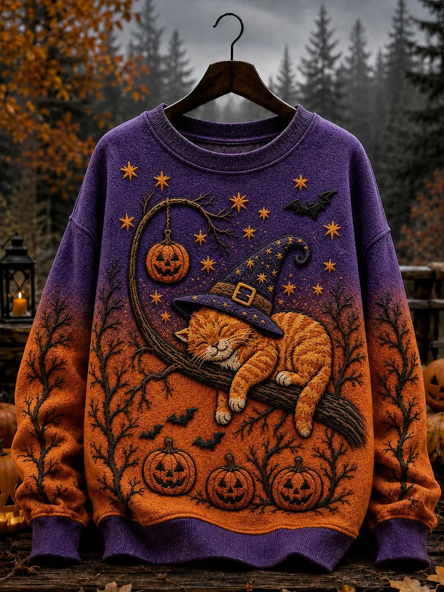Halloween Witch Cat Pumpkin Sweatshirt Halloween Apparel Cool Gifts For Cat Lovers - Foxy23shop