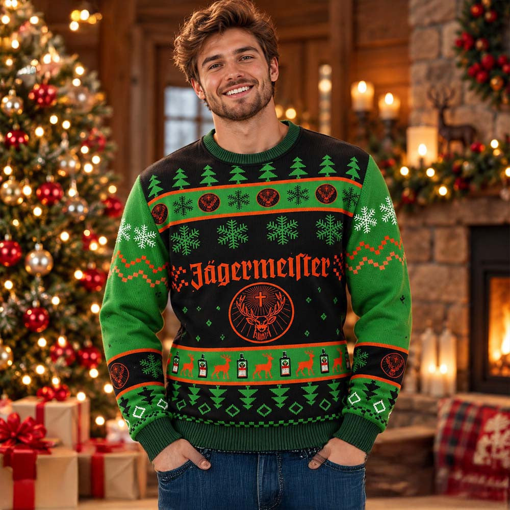 Jagermeister Orange Logo With Deer And Snowflakes Pine Tree Ugly Christmas Sweater Xmas Gift For Husband - Foxy23shop