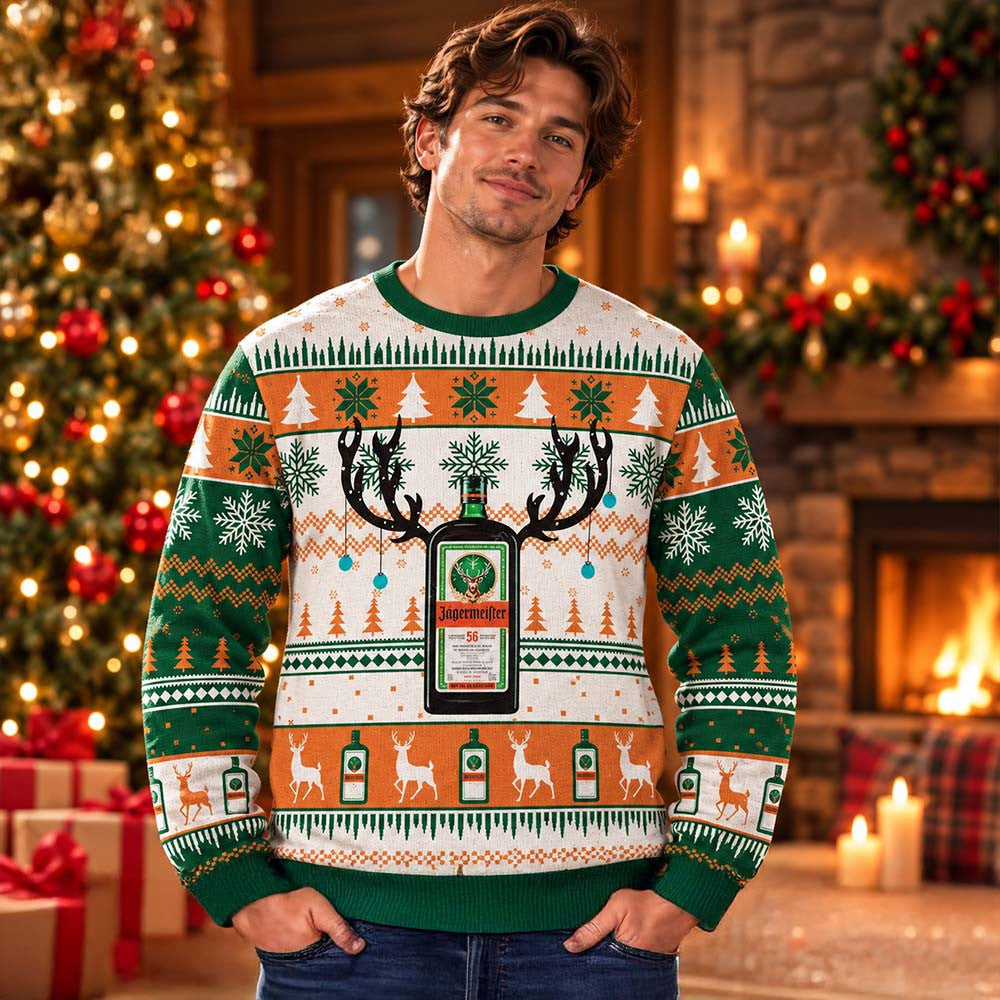 Jagermeister Reindeer Bottle Signature Green And Orange Christmas Ugly Sweater Christmas Apparel - Foxy23shop