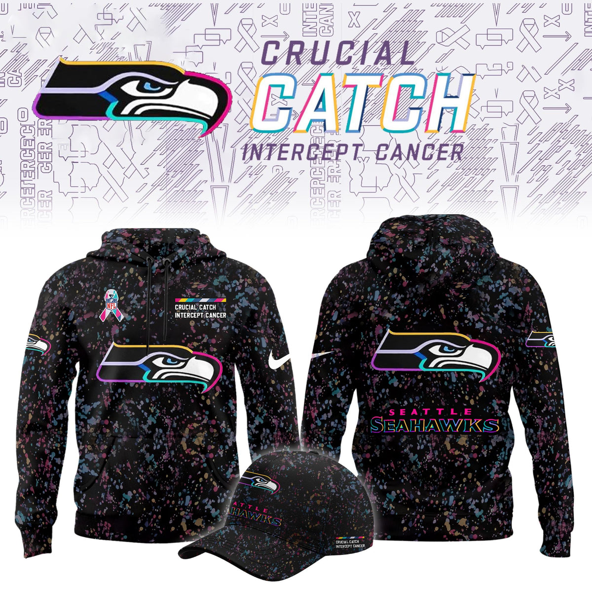 NFL Crucial Catch Merch 2026 Seattle Seahawks Intercept Cancer Hoodie The 12s Gifts - Foxy23shop