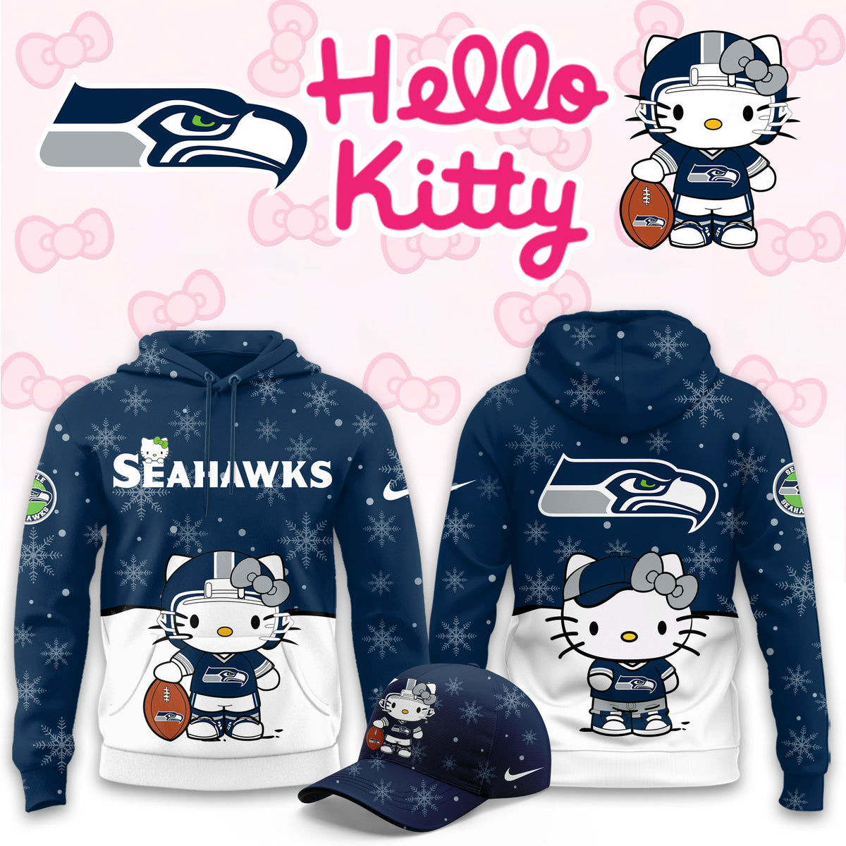 Seattle Seahawks x Hello Kitty Football Hoodie 2026 NFL Game Day Outfits Fan Gear - Foxy23shop