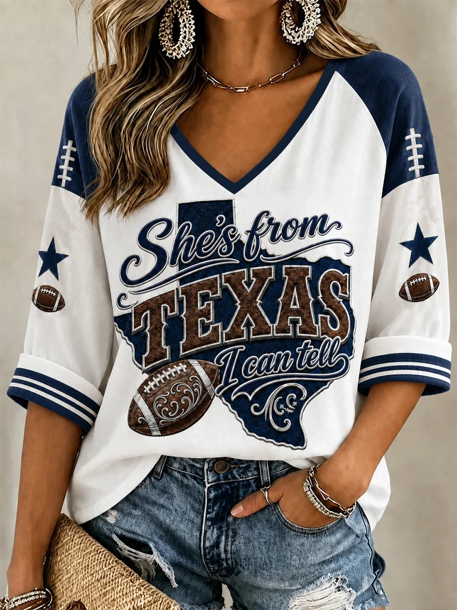 Dallas Cowboys MerchShe's From Texas Football V-Neck Long Sleeve Shirt Gifts For Cowboys Nation - Foxy23shop