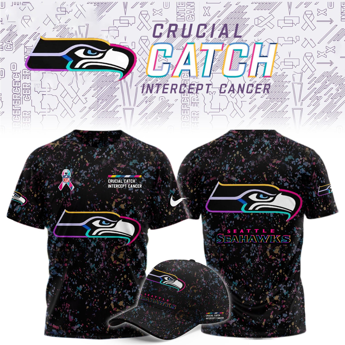 Seattle Seahawks Merch Crucial Catch Intercept Cancer T-Shirt Best Presents For The 12s - Foxy23shop