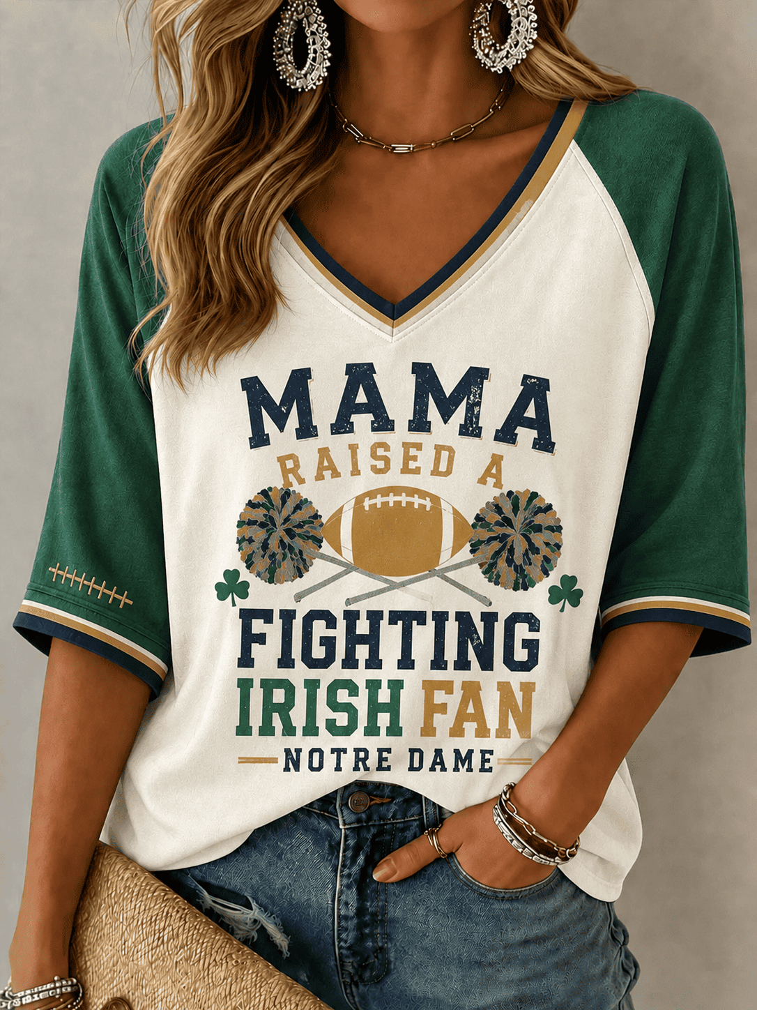 Notre Dame Fighting Irish 2026 NCAA Mama Raised A Fighting Irish V-Neck Long Sleeve Shirt Fan Gear - Foxy23shop