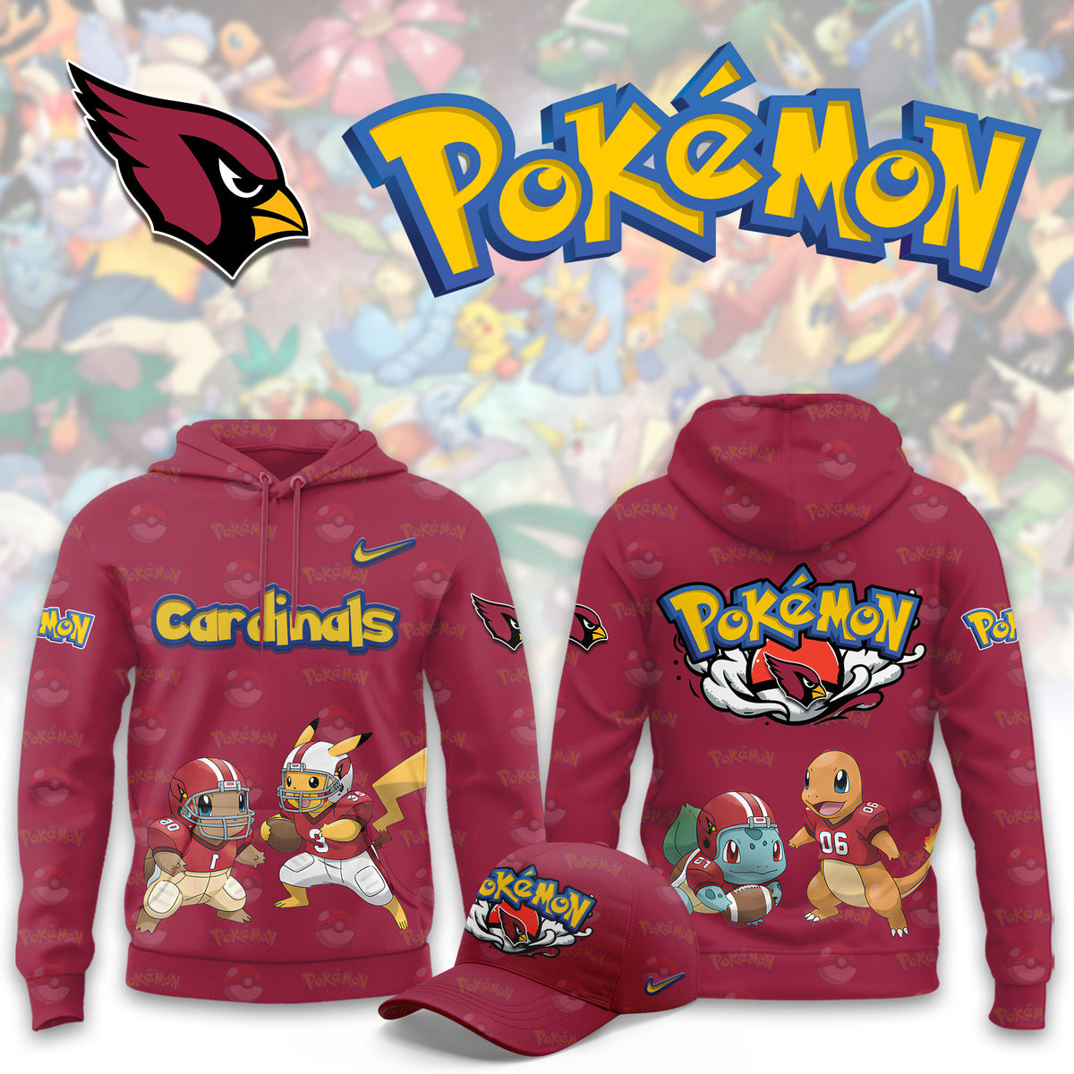 Arizona Cardinals x Pokemon 2026 NFL Hoodie Arizona Cardinals Hooded Sweatshirt - Foxy23shop