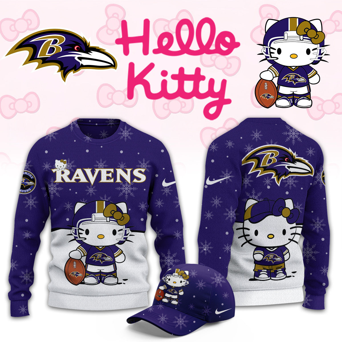 Baltimore Ravens x Hello Kitty Snowflake Sweatshirt Baltimore Ravens Clothing Fan Gear - Foxy23shop