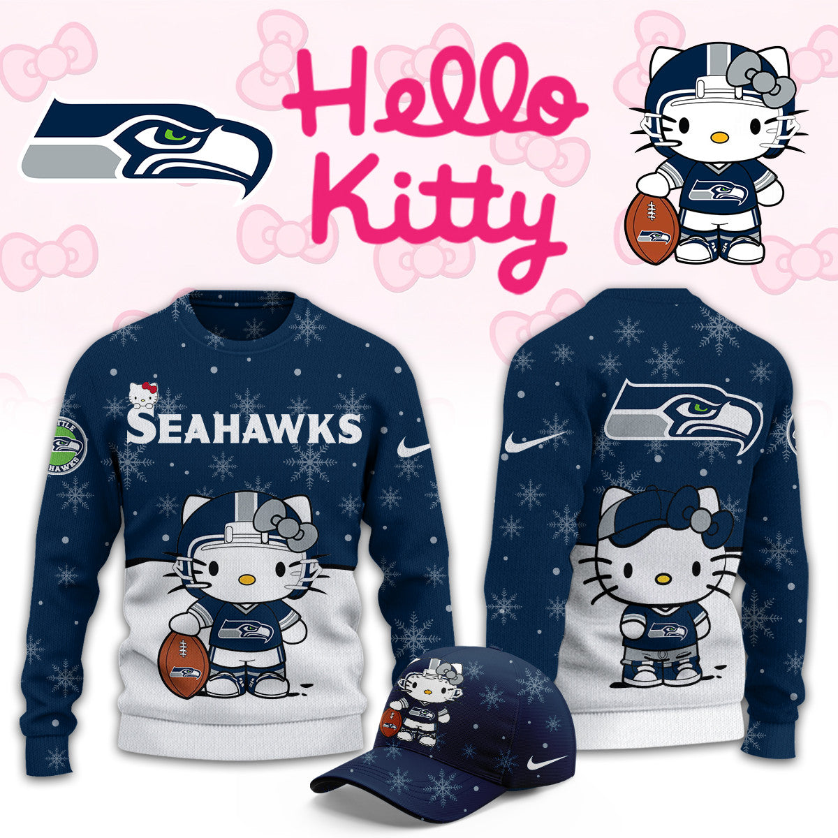 Seattle Seahawks x Hello Kitty Merch 2026 NFL Football Sweatshirt Seattle Seahawks Apparel - Foxy23shop