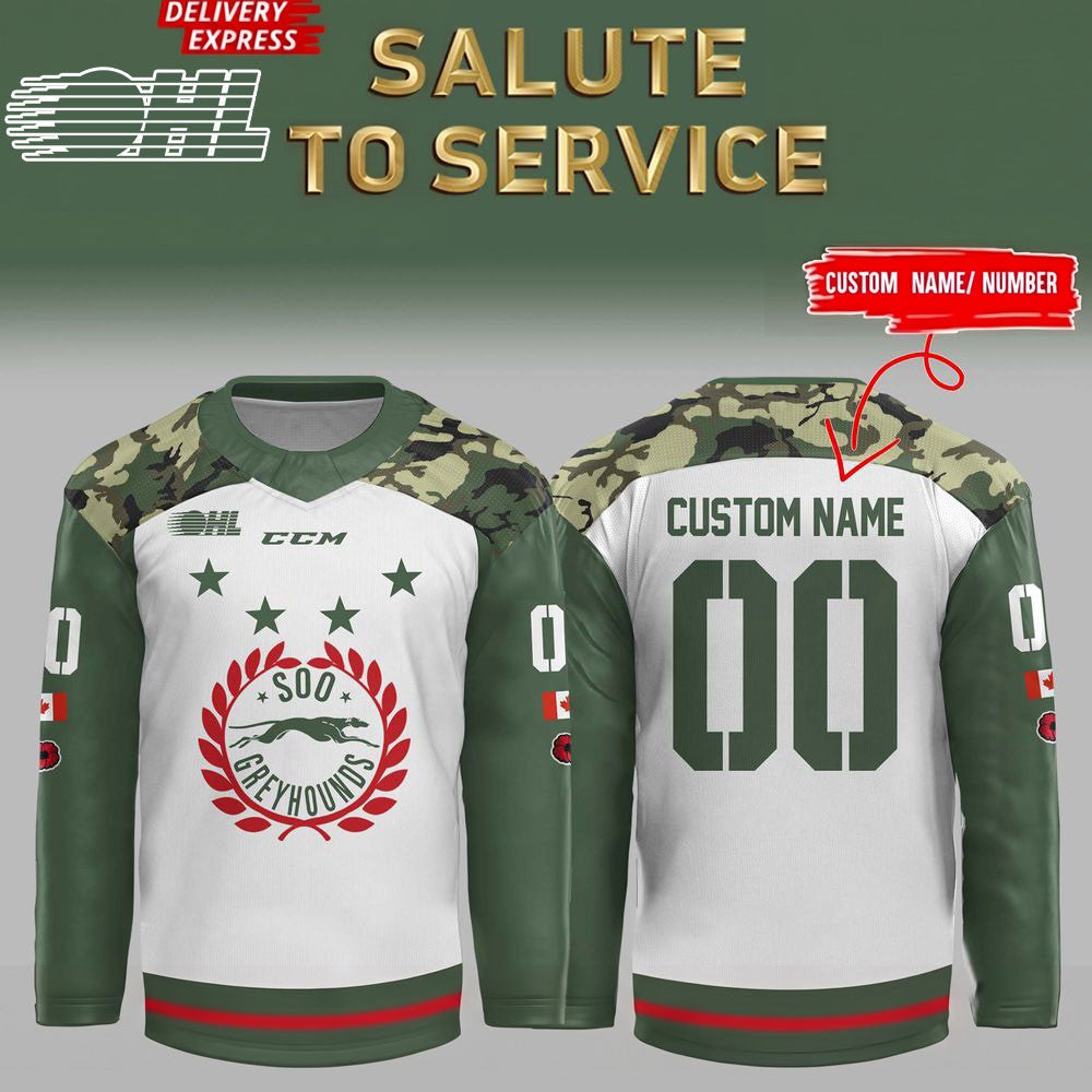 Custom Soo Greyhounds 2026 Salute To Service Hockey Jersey Soo Greyhounds Merch Fan Gear - Foxy23shop