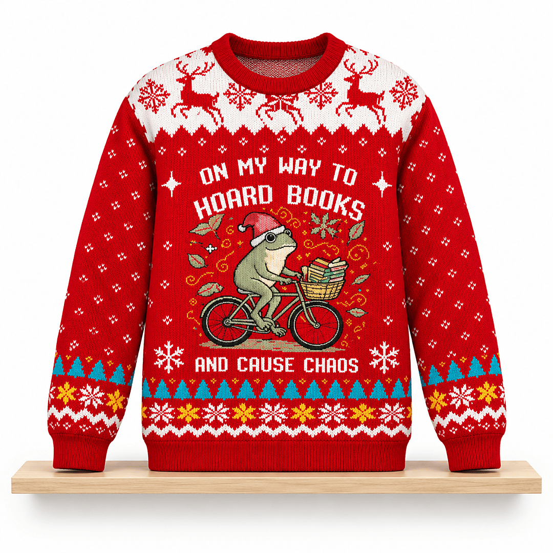 On My Way To Hoard Books And Cause Chaos Christmas Ugly Sweater Funny Xmas Gift For Her - Foxy23shop