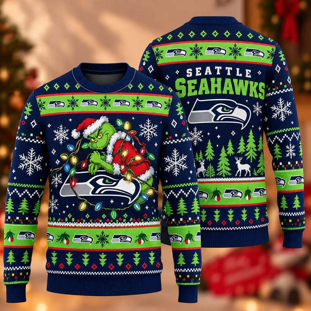 Seattle Seahawks Patches NFL Grinch Show 2026 Ugly Christmas Sweater Xmas Presents For The 12s - Foxy23shop