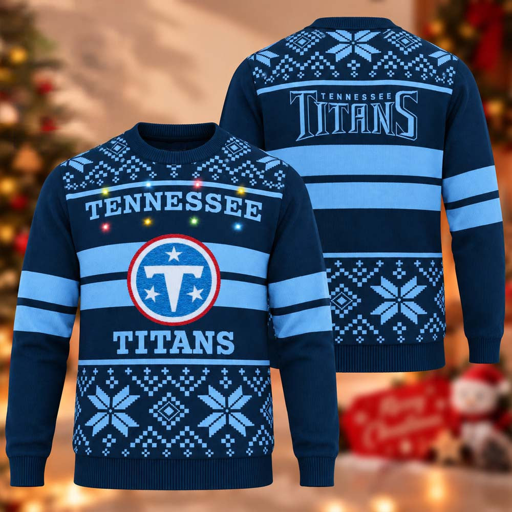 Tennessee Titans Light Blue Light Up Ugly Christmas Sweater Xmas Clothing Gifts For Titans Fans - Foxy23shop